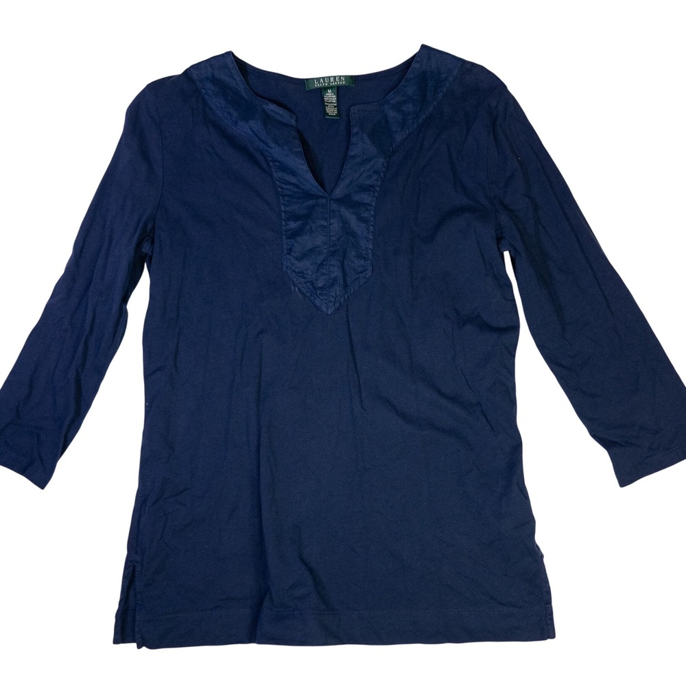 Lauren Ralph Lauren Navy Blue Split Neck 3/4‎ Sleeve Tunic Top Womens Size M